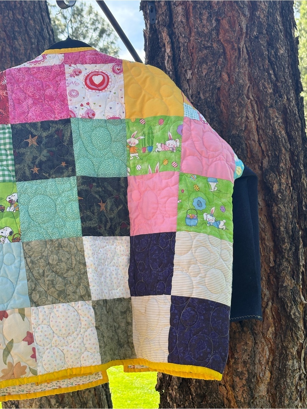 Handmade Patchwork Quilted Jacket with Yellow Trim/Jean material on the sleeves - Picture 3 of 11